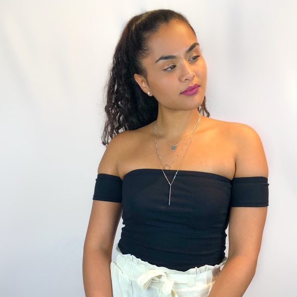 Black Off Shoulder Crop Top - Picture 2 of 4